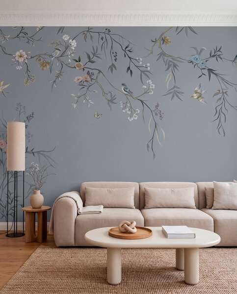 Fototapety Kwiatowe gałęzie z ptakami na zielonkawym tle, Fototapety Kwiaty, w05127v5 : Uwalls.pl