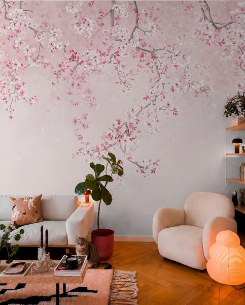 Fototapety Gałęzie z różowymi kwiatami na delikatnym pastelowym tle, Fototapety Las, Fototapety Drzewa, w05129v1 : Uwalls.pl