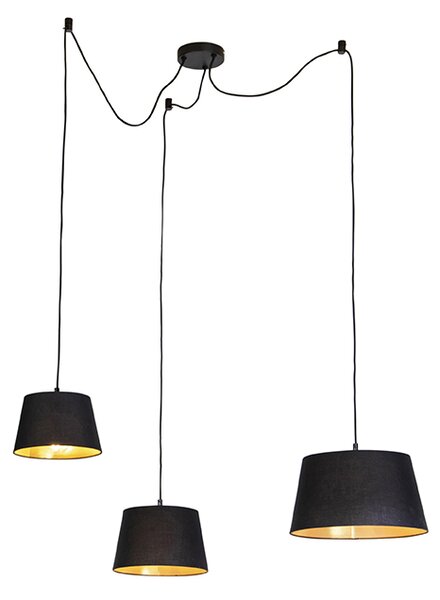 Lampa wisząca z 3 bawełnianymi abażurami w kolorze czarnym ze złotem - Cava Oswietlenie wewnetrzne