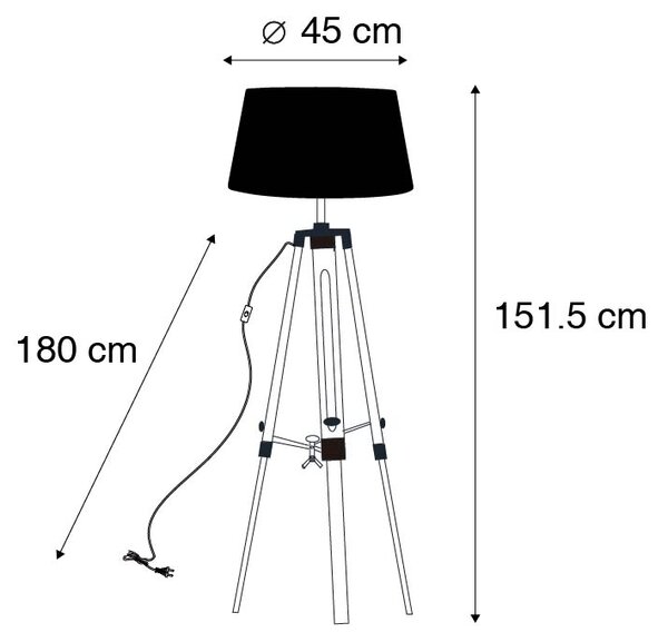 Lampa podłogowa drewno klosz lniany czarny 45cm - Tripod Oswietlenie wewnetrzne