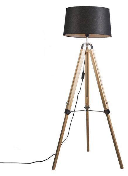 Lampa podłogowa drewno klosz lniany czarny 45cm - Tripod Oswietlenie wewnetrzne