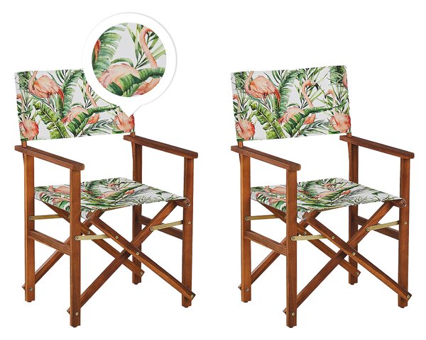Zestaw 2 krzeseł ogrodowych ciemne drewno szary wzór flamingi składane Cine Beliani