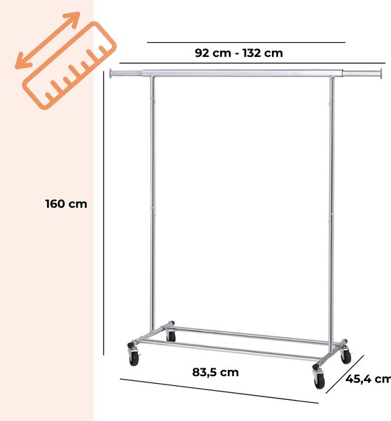 Stojak na ubrania INEZ na kółkach, maks. 90 kg, 83,5x45x160cm, srebrna Jurhan