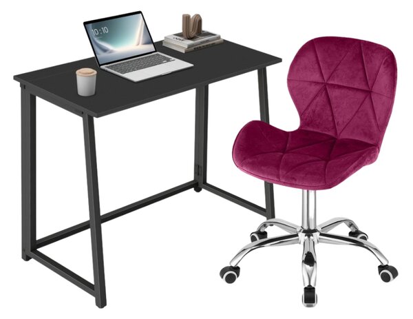Zestaw do biura – składany stół ZARIMO 80×40 cm czarny + krzesło biurowe AVOLA VELVET burgundowe