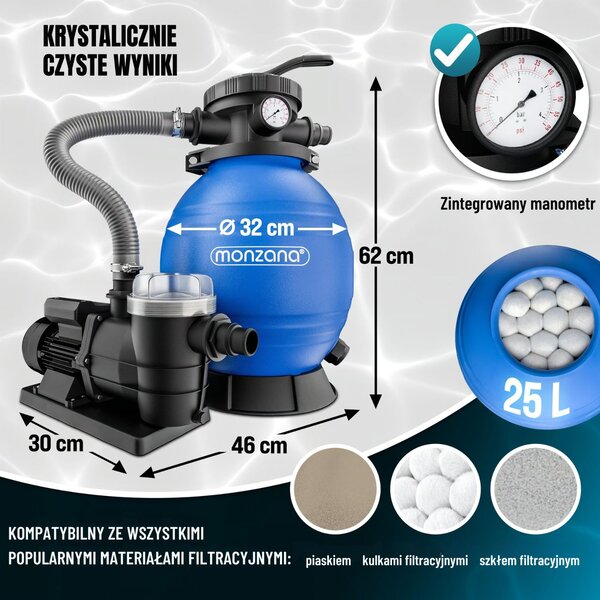 Filtr piaskowy do basenu AQUA 9 600 l/h, niebieska Monzana
