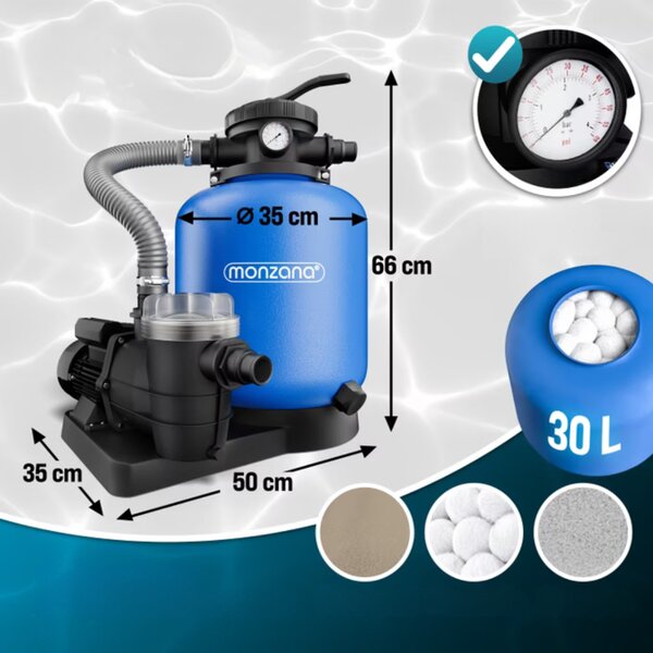 Filtracja piaskowa do basenu AQUA z filtrem wstępnym 13 200 l/h, niebieska Monzana