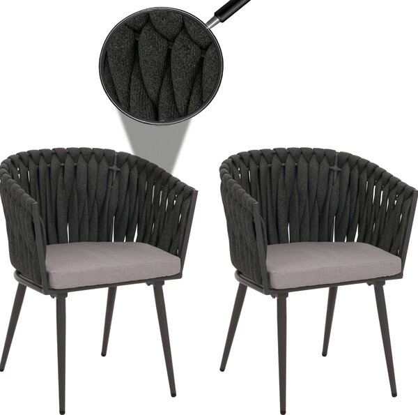 Zestaw 2 aluminiowych krzeseł ogrodowych HWC-N38, podłokietnik krzesła zewnętrznego, splot linowy Olefin Rope ~ antracyt poduszka jasnoszara