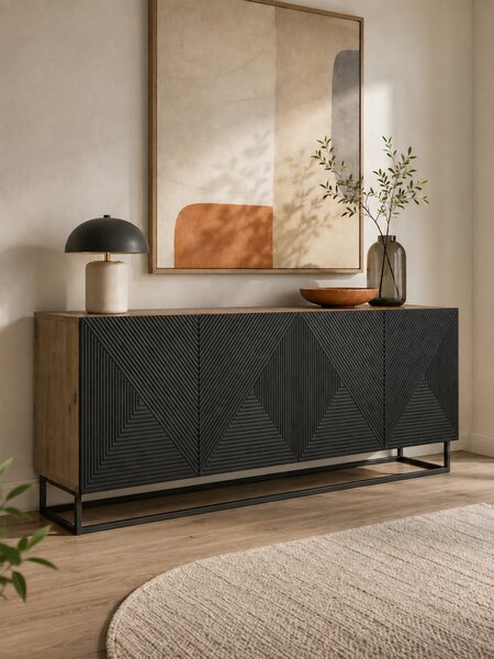 Komoda Asha 200 cm czterodrzwiowa - artisan / czarny mat / czarny stelaż