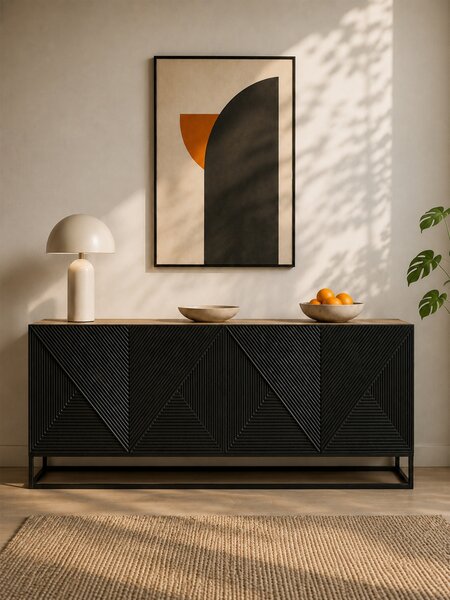 Komoda Asha 200 cm czterodrzwiowa - artisan / czarny mat / czarny stelaż