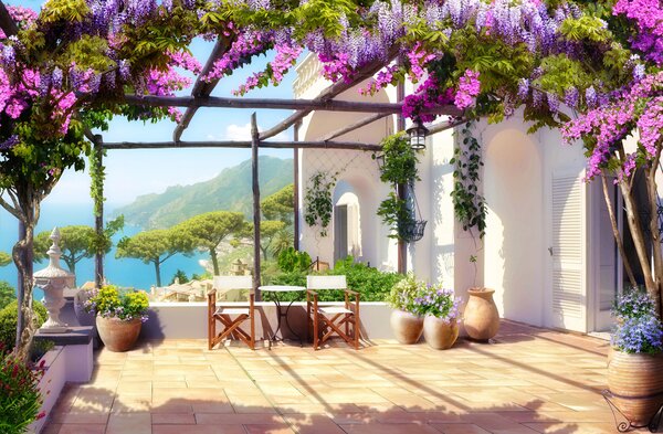 Fototapety Wisteria kwitnie na werandzie, Fototapety Kwiaty, u03904 : Uwalls.pl