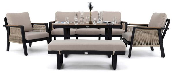EMWOmeble Zestaw ogrodowy z aluminium PROVENCE czarny + imitacja drewna / beżowe poduszki