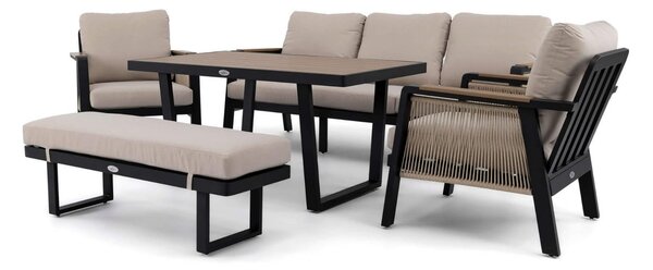 MebleMWM Zestaw mebli ogrodowych z aluminium PROVENCE | Czarny + imitacja drewna | Beżowe poduszki OUTLET