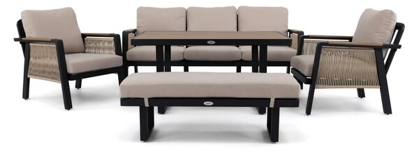 MebleMWM Zestaw mebli ogrodowych z aluminium PROVENCE | Czarny + imitacja drewna | Beżowe poduszki OUTLET