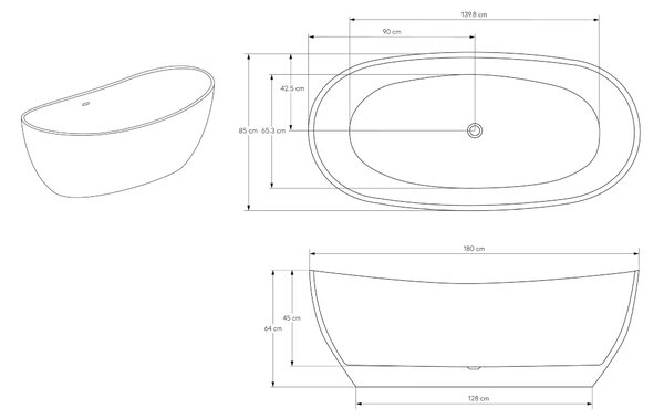 Wanna wolnostojąca z konglomeratu HAWAII STONE – 180 × 85 cm – biały mat lub biały wysoki połysk