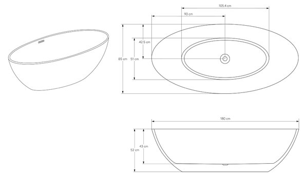 Wanna wolnostojąca z konglomeratu (solid stone) RIO STONE – kolor biały – 180 × 85 cm – do wyboru biały mat lub biały połysk