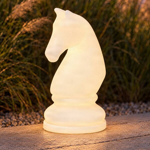 Lampa stojąca LED Lucande Gambi, figura szachowa – skoczek, CCT IP44 Gambi Lucande, możliwość ściemniania, biały / opal, tworzywo sztuczne, design