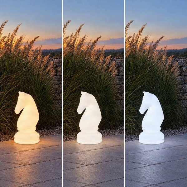 Lampa stojąca LED Lucande Gambi, figura szachowa – skoczek, CCT IP44 Gambi Lucande, możliwość ściemniania, biały / opal, tworzywo sztuczne, design