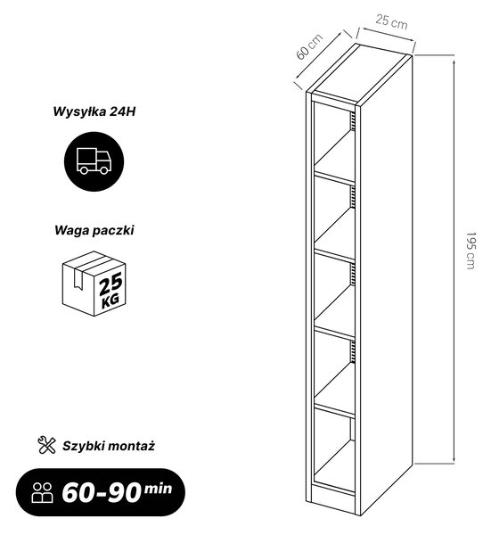 Regał metalowy wąski, archiwizacyjny na dokumenty biały, 250x1950x600 mm: TIM