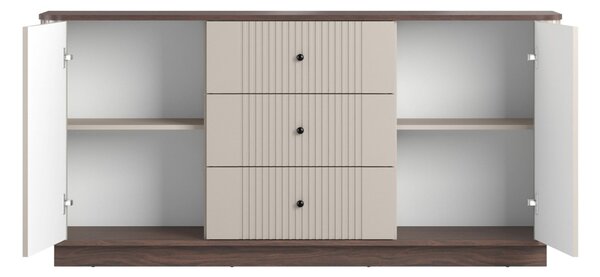 Komoda Vesper 160 cm z szufladami na cokole - kaszmir / orzech / czarne uchwyty