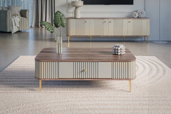 Stolik kawowy Vesper 103x60 cm z szufladą - kaszmir / orzech / złote nogi