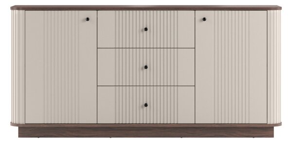 Komoda Vesper 160 cm z szufladami na cokole - kaszmir / orzech / czarne uchwyty