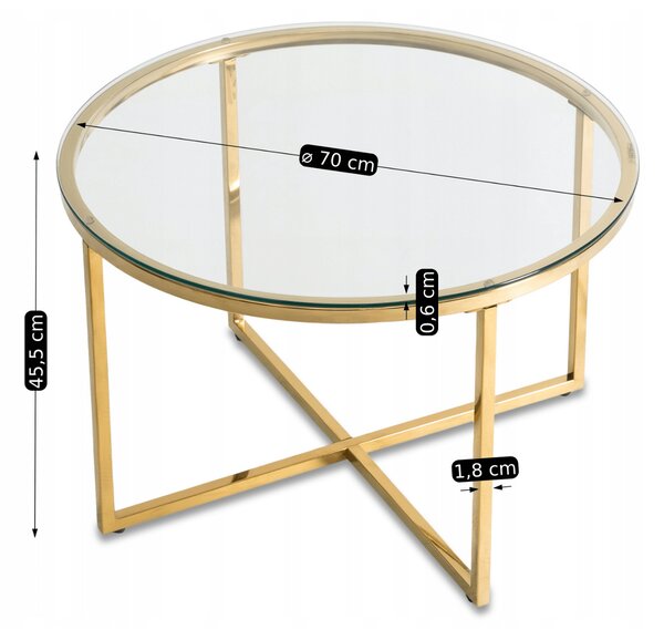 Stolik Kawowy Szklany FLIP 70 cm ze Złotymi Nogami Nowoczesny Glamour