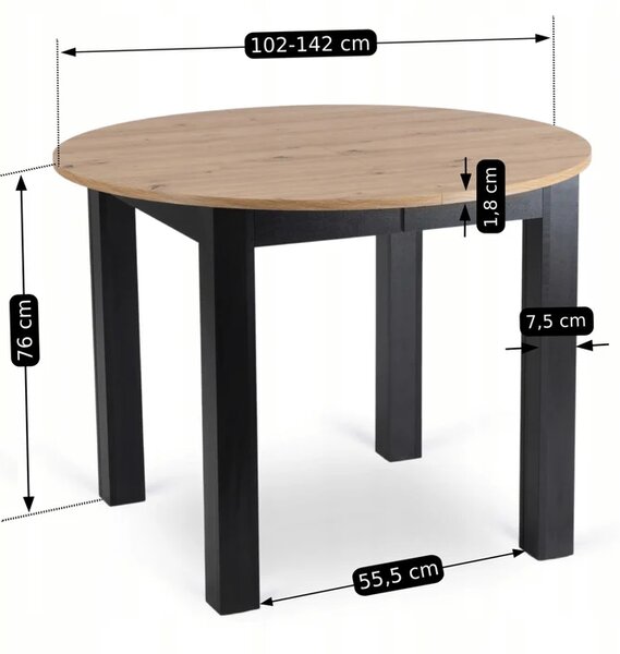 Zestaw Stół Okrągły Rozkładany HARRY 102-142 cm Dąb Artisan/Czarny i 4 Krzesła Tapicerowane BARI Szare Nowoczesne