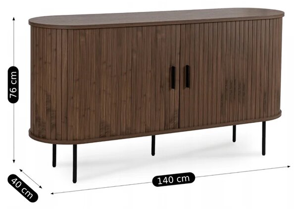 Komoda do Salonu Rozsuwana TRISH 140 cm Orzech Dwudrzwiowa Ryflowana Japandi