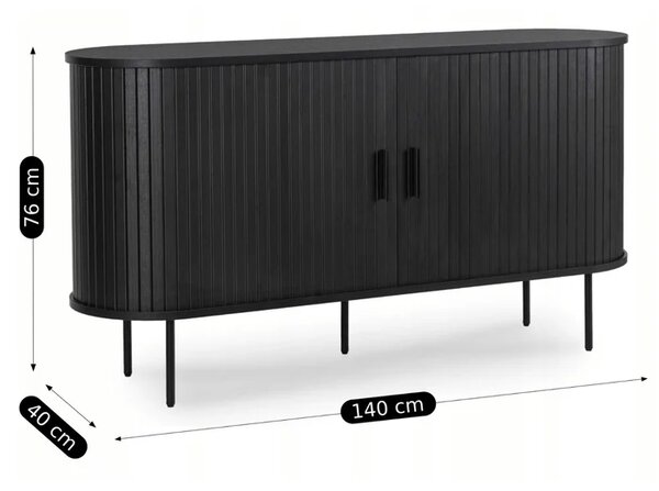 Komoda do Salonu Rozsuwana TRISH 140 cm Czarna Dwudrzwiowa Ryflowana Nowoczesna