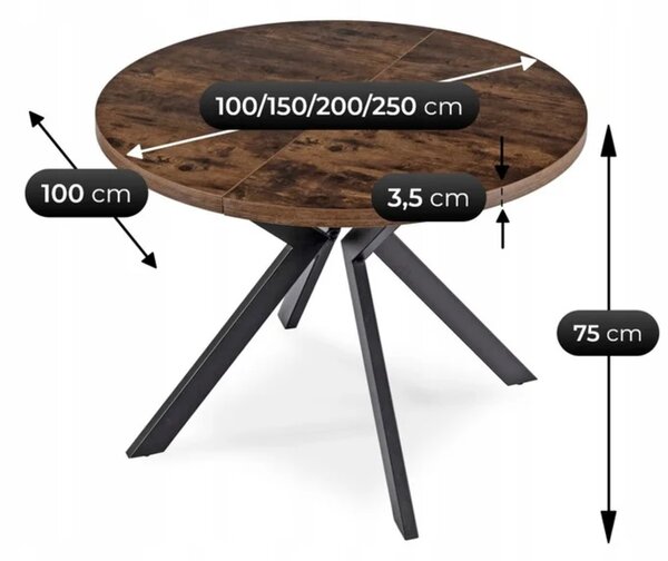 Stół Okrągły Rozkładany LUKAS 100-250 cm Dąb Rustykalny Nowoczesny Loft