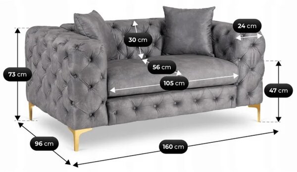 Sofa SORRENTO 2S Dwuosobowa Szara Welurowa Glamour