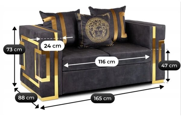 Sofa PALLAZO 2S Dwuosobowa Czarno/Złota Welurowa Glamour
