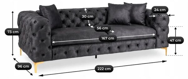 Sofa SORRENTO 3S Trzyosobowa Czarna Welurowa Nowoczesna Glamour