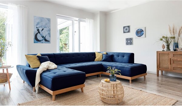 Granatowa rozkładana sofa w kształcie litery "U" Miuform Dazzling Daisy, prawostronna