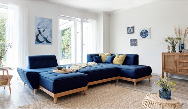 Granatowa rozkładana sofa w kształcie litery "U" Miuform Dazzling Daisy, prawostronna