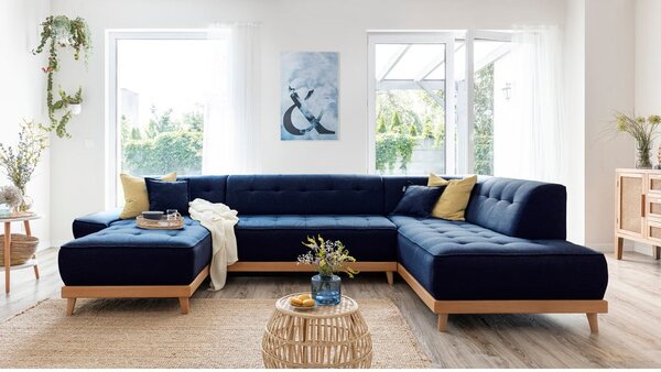 Granatowa rozkładana sofa w kształcie litery "U" Miuform Dazzling Daisy, prawostronna