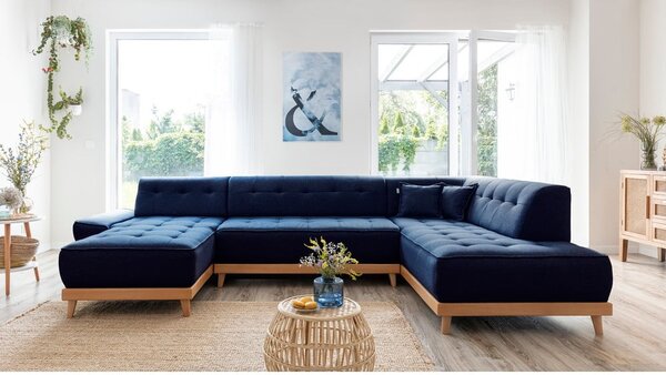 Granatowa rozkładana sofa w kształcie litery "U" Miuform Dazzling Daisy, prawostronna