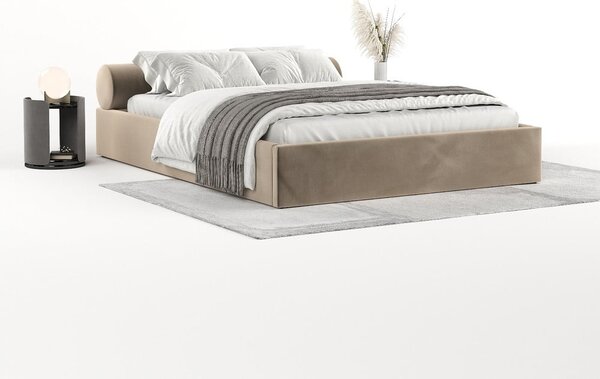 Jasnobrązowe tapicerowane łóżko dwuosobowe ze schowkiem i stelażem 160x200 cm Solvo – Maison de Rêve