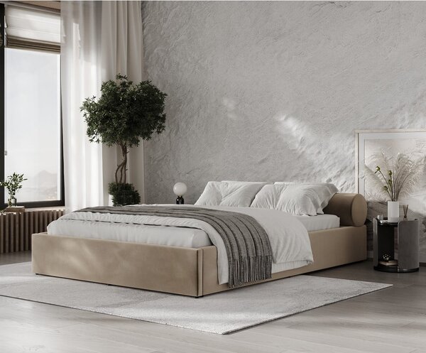 Jasnobrązowe tapicerowane łóżko dwuosobowe ze schowkiem i stelażem 160x200 cm Solvo – Maison de Rêve
