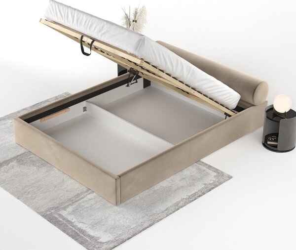Jasnobrązowe tapicerowane łóżko dwuosobowe ze schowkiem i stelażem 160x200 cm Solvo – Maison de Rêve