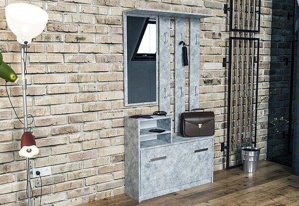 Industrialny wieszak z szafką na buty do przedpokoju Etien - beton