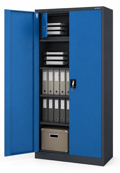Szafa metalowa ze schowkiem antracytowo-niebieska: TOMASZ, 900 x 1850 x 450 mm