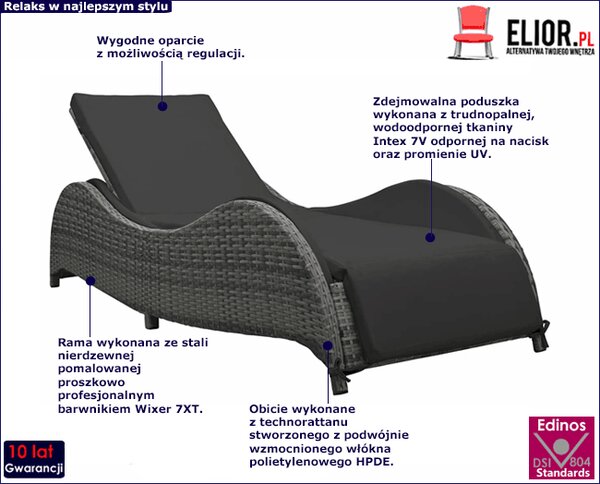 Antracytowy leżak technorattanowy ogrodowy z poduszką H5-Z30