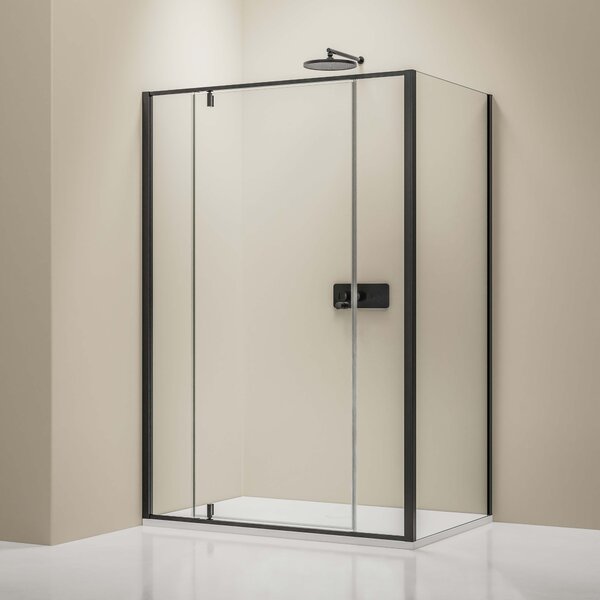 Prysznic narożny z drzwiami uchylnymi na dwóch stałych panelach NT607 FLEX - szkło nano przejrzyste 6 mm - możliwość wyboru koloru profilu