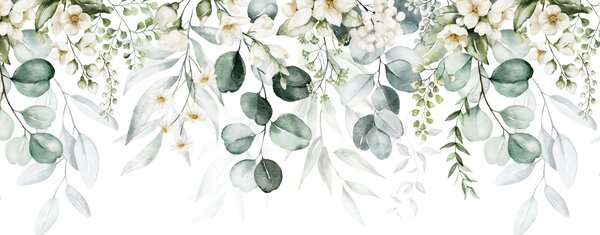 Fototapety Ilustracja z zielonymi liśćmi, białymi kwiatami, piwonią i gałęziami, Fototapety Natura, Fototapety Liście, u96063 : Uwalls.pl