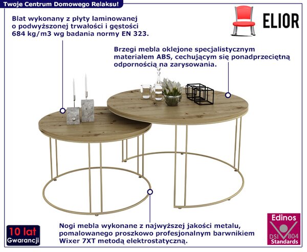 Zestaw dwóch stolików kawowych z drucianym stelażem złoty + dąb artisan N2-N26