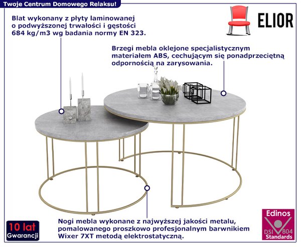 Zestaw dwóch stolików kawowych złoty + beton M6-N41