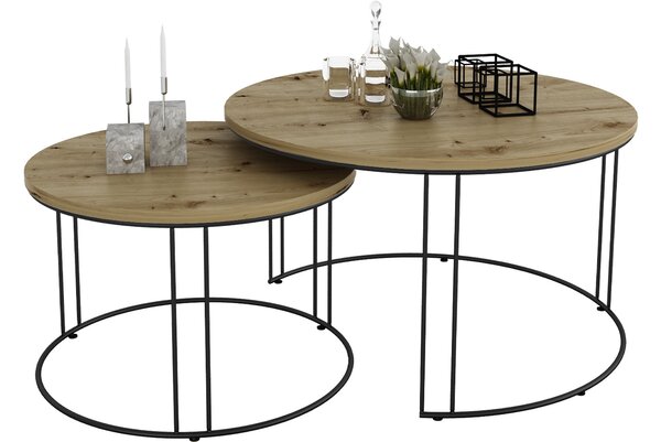 Industrialny zestaw stolików kawowych czarny + dąb artisan M8-D42