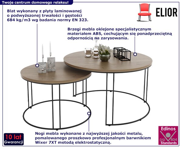 Loftowy komplet stolików kawowych czarny + dąb lancelot D9-W96