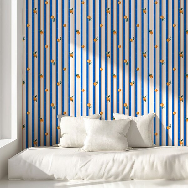 Tapety Pomarańczowy owoc na niebiesko-kremowych paskach, Tapety Geometryczne, Tapety w paski, a01263 : Uwalls.pl